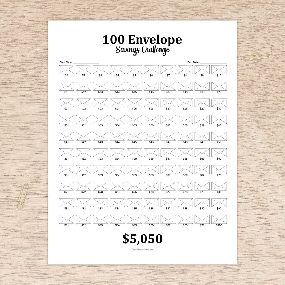 free 100 envelope savings challenge Printable